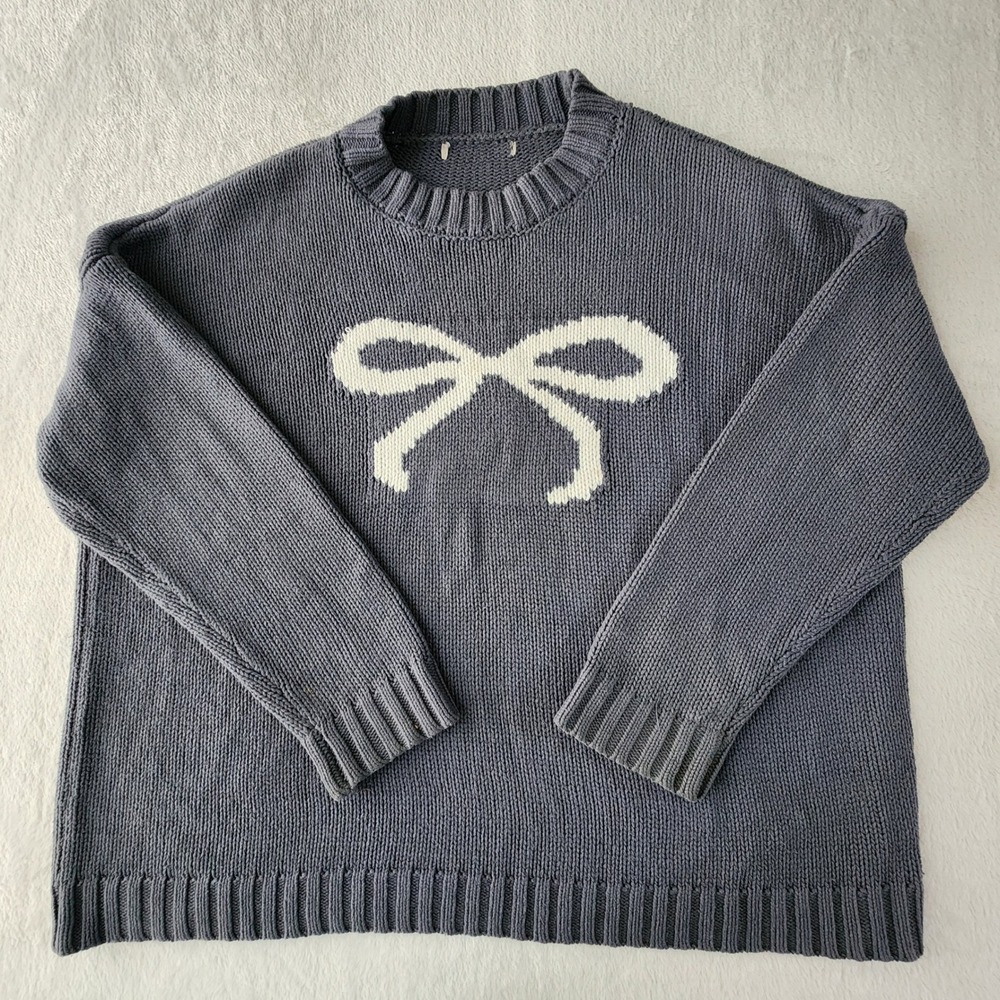 Bow Chunky‎ Knit Crew Neck Sweater Womens XL Gray Pullover Cute Ribbon Preppy